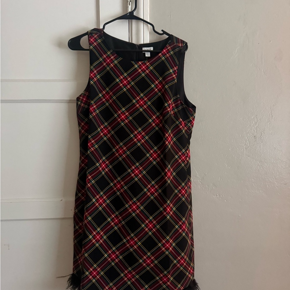 J. Crew Black Plaid Sleeveless Shift Dress with Feather Trim
